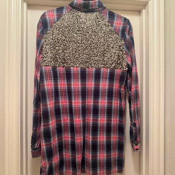EUC Free People Long Sleeve Plaid Flannel Shirt w/Sequins Size Medium - Picture 6 of 7